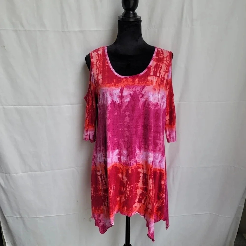 K Jordan Women's Top Sz L Cold-Shoulder Chiffon Dye Pink Rayon Vacation Beach